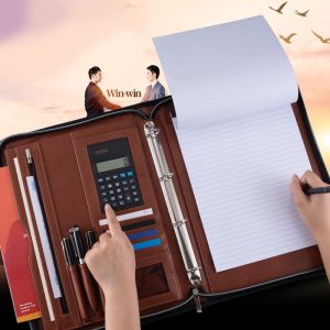 Brown Blue Custom 4 Ring Binder PU Leather A4 Padfolio With Calculator Multifunction Zipper Closure Black Business Portfolio